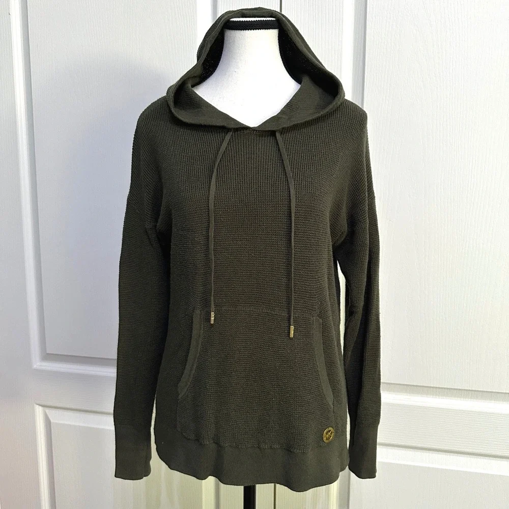 Michael Kors Waffle Knit Hoodie M Olive Green Logo Pullover Quite Luxury Preppy